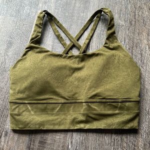 Lululemon energy bra in army green print.